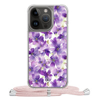 Casimoda iPhone 14 Pro hoesje met rosegoud koord - Floral violet