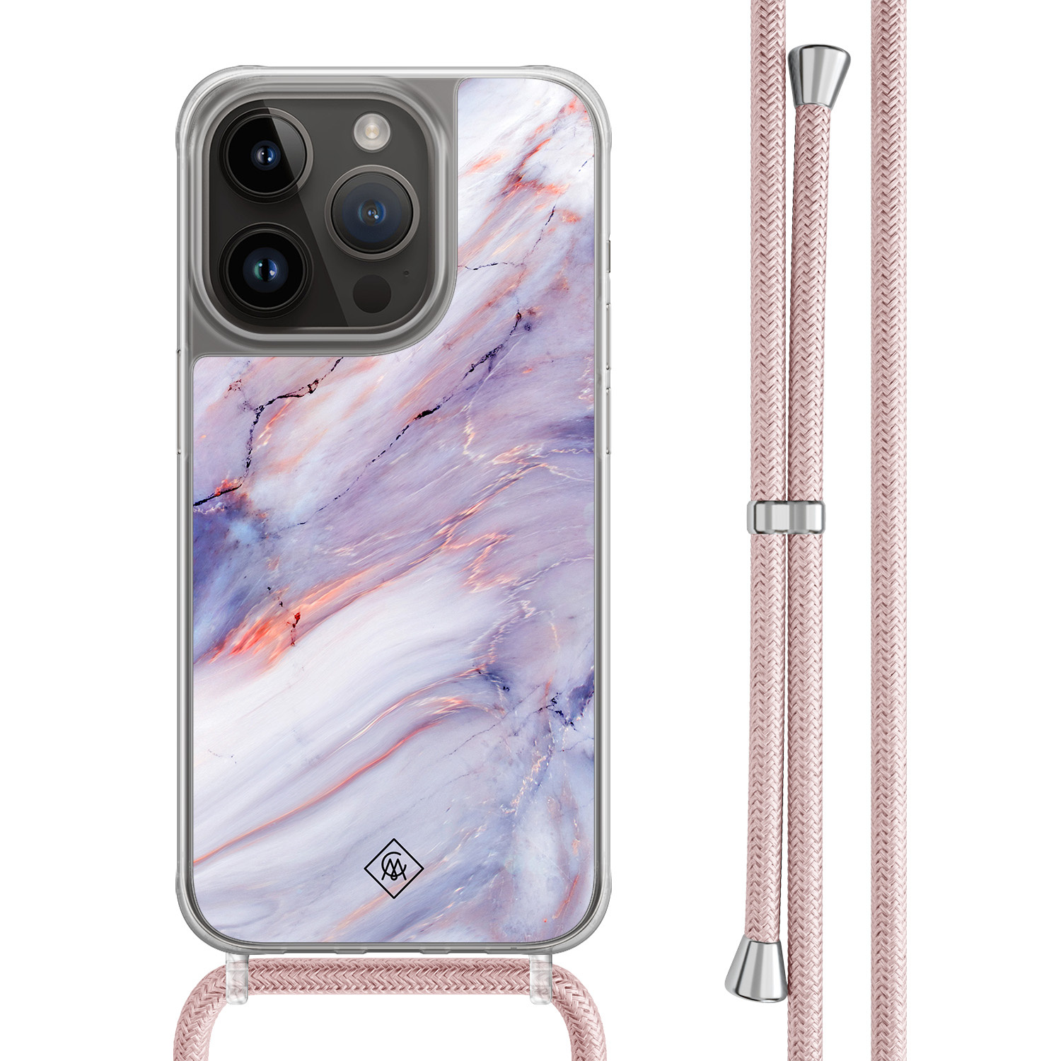 iPhone 14 Pro hoesje met rosegoud koord - Marmer paars