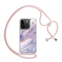 Casimoda iPhone 14 Pro hoesje met rosegoud koord - Marmer paars