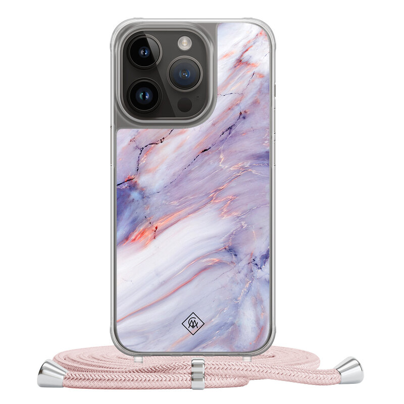 Casimoda iPhone 14 Pro hoesje met rosegoud koord - Marmer paars
