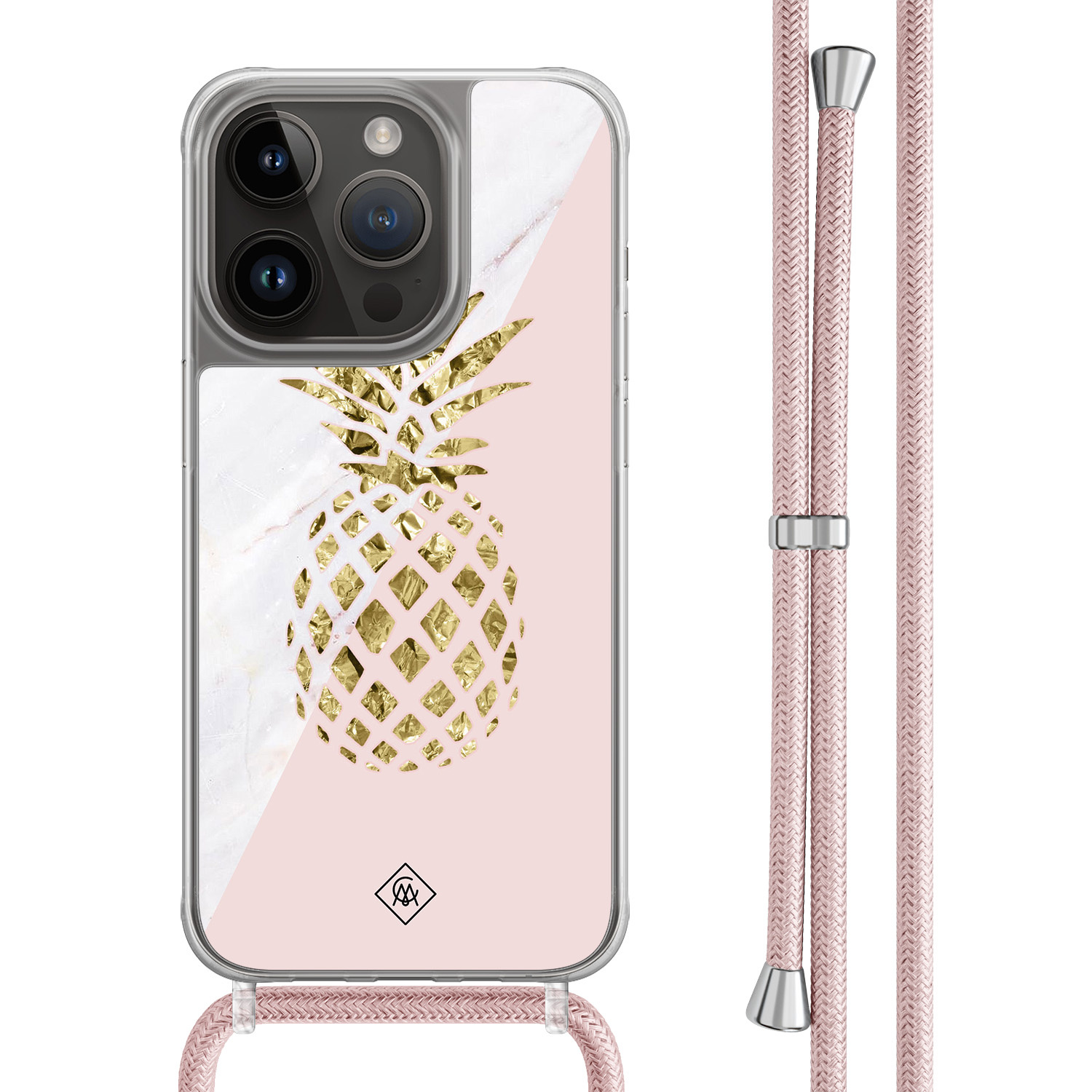 iPhone 14 Pro hoesje met rosegoud koord - Ananas