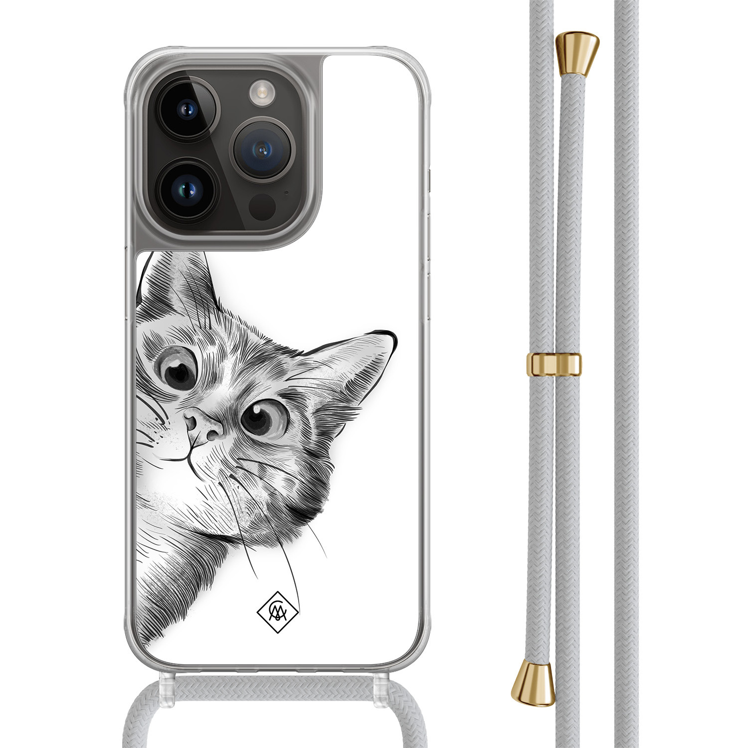 iPhone 13 Pro hoesje met grijs koord - Peekaboo kat