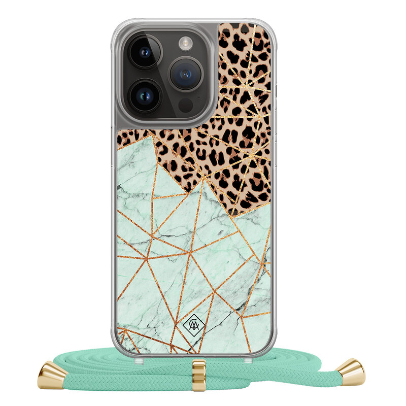 Casimoda iPhone 13 Pro hoesje met mint koord - Luipaard marmer mint