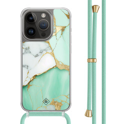 Casimoda iPhone 13 Pro hoesje met mint koord - Marmer mintgroen