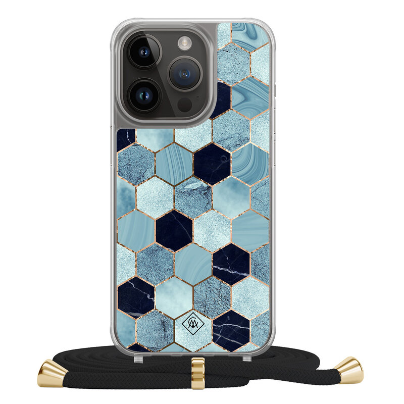 Casimoda iPhone 13 Pro hoesje met zwart koord - Blue cubes