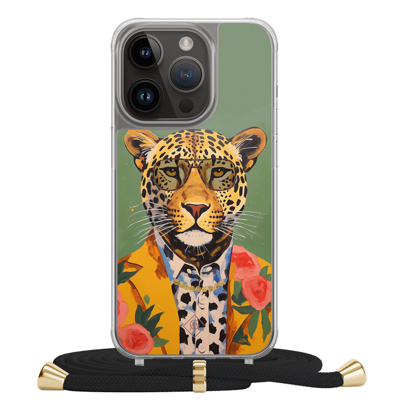 Casimoda iPhone 13 Pro hoesje met zwart koord - Luipaard hipster