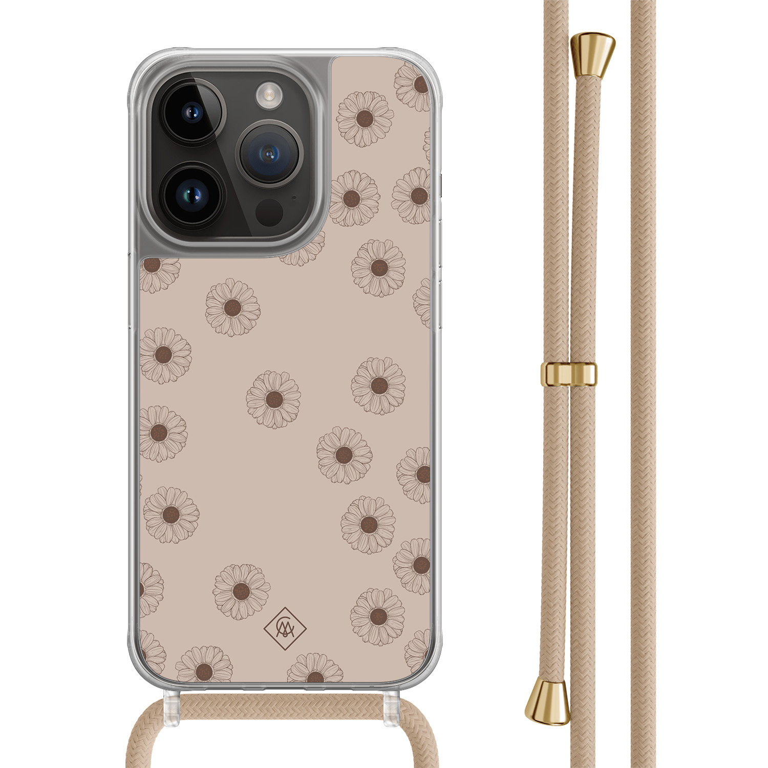 iPhone 13 Pro hoesje met beige koord - Cute flowers