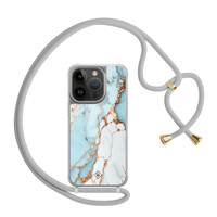 Casimoda iPhone 13 Pro hoesje met grijs koord - Marmer lichtblauw