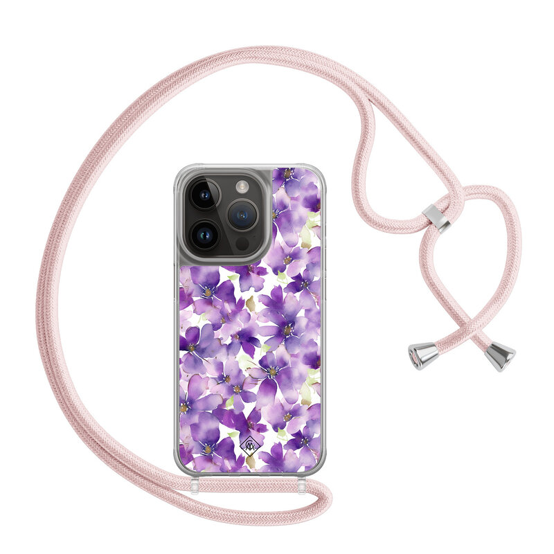 Casimoda iPhone 13 Pro hoesje met rosegoud koord - Floral violet