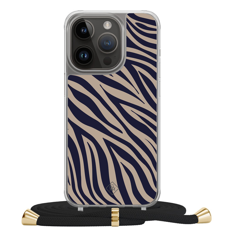 Casimoda iPhone 13 Pro hoesje met zwart koord - Chevron navy