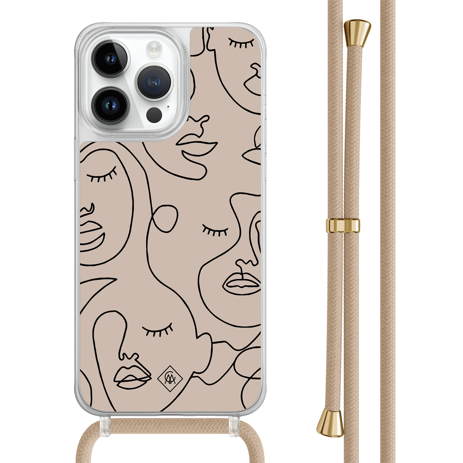 iPhone 14 Pro Max hoesje met beige koord - Abstract faces