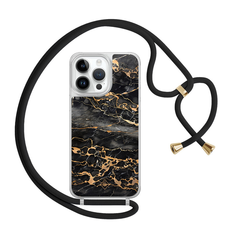 Casimoda iPhone 14 Pro Max hoesje met zwart koord - Marmer grijs brons