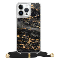 Casimoda iPhone 14 Pro Max hoesje met zwart koord - Marmer grijs brons