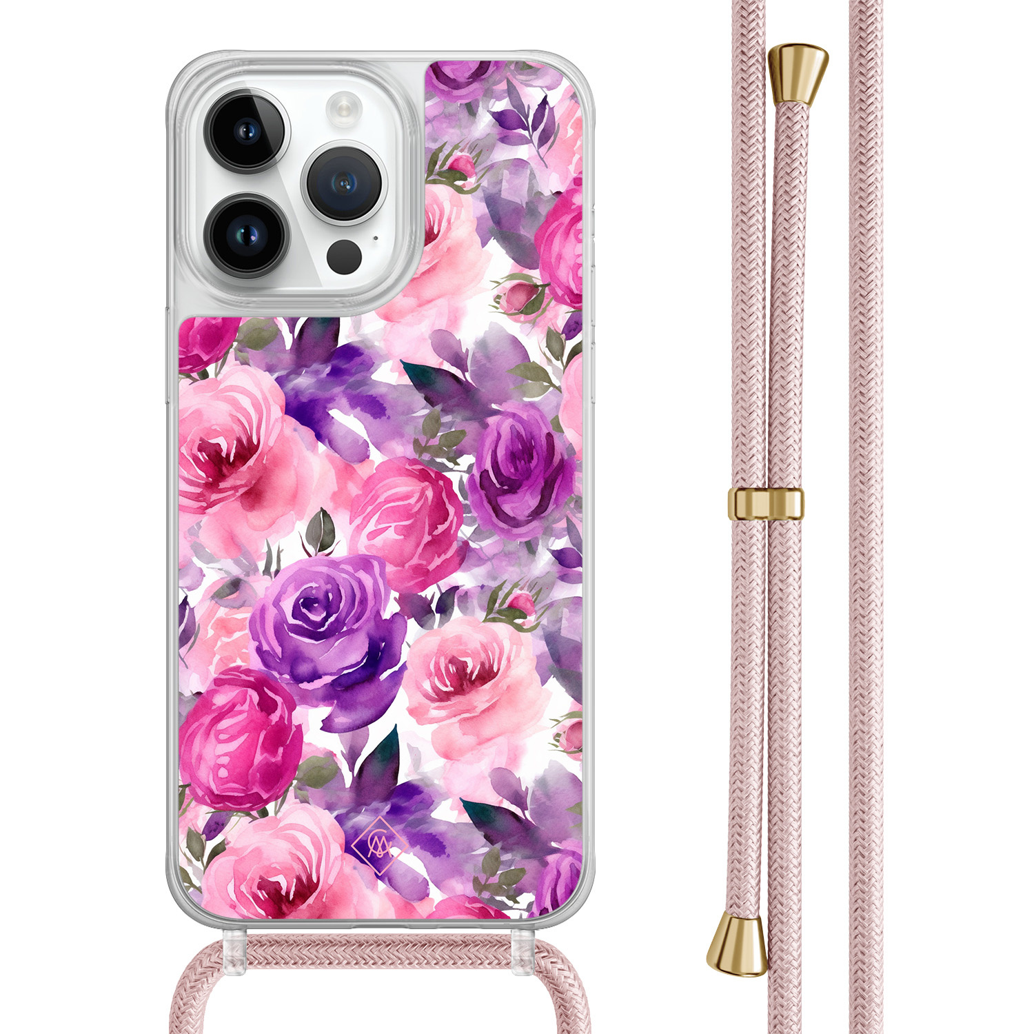 iPhone 14 Pro Max hoesje met rosegoud koord - Rosy blooms