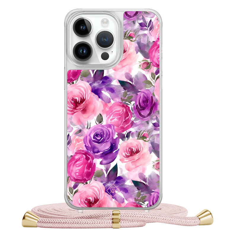 Casimoda iPhone 14 Pro Max hoesje met rosegoud koord - Rosy blooms