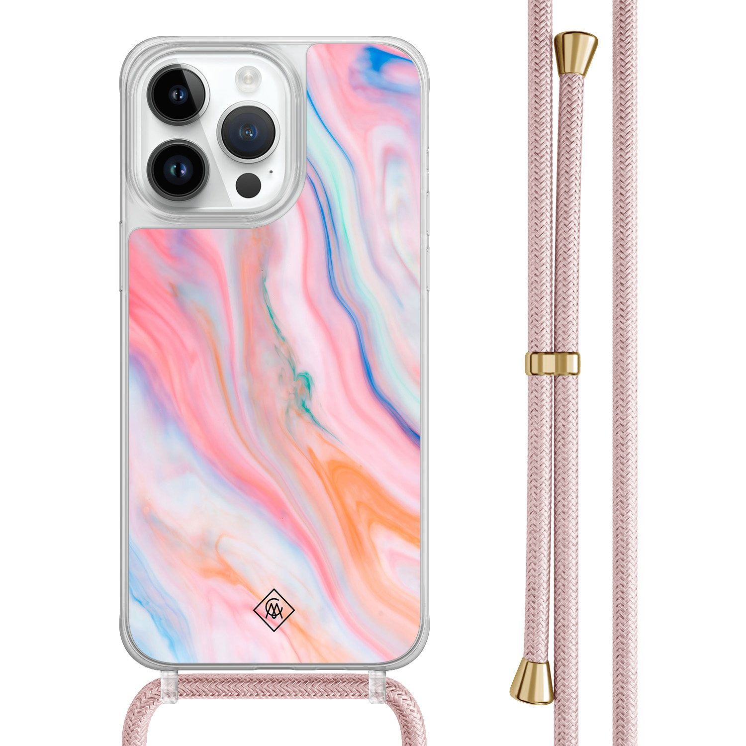 iPhone 14 Pro Max hoesje met rosegoud koord Pink glam