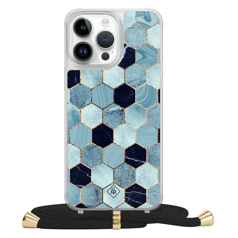 Casimoda iPhone 14 Pro Max hoesje met zwart koord - Blue cubes