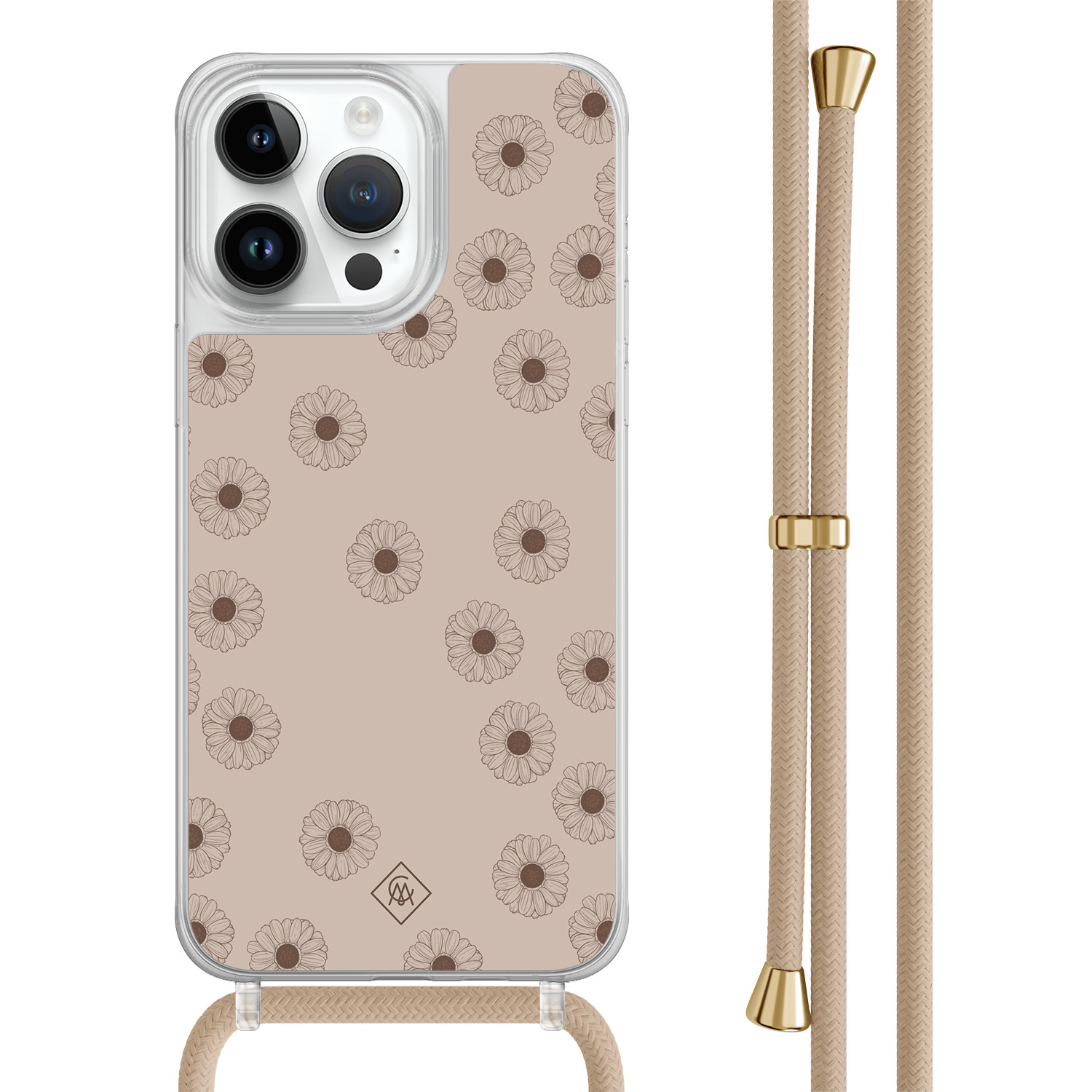 iPhone 14 Pro Max hoesje met beige koord Cute flowers