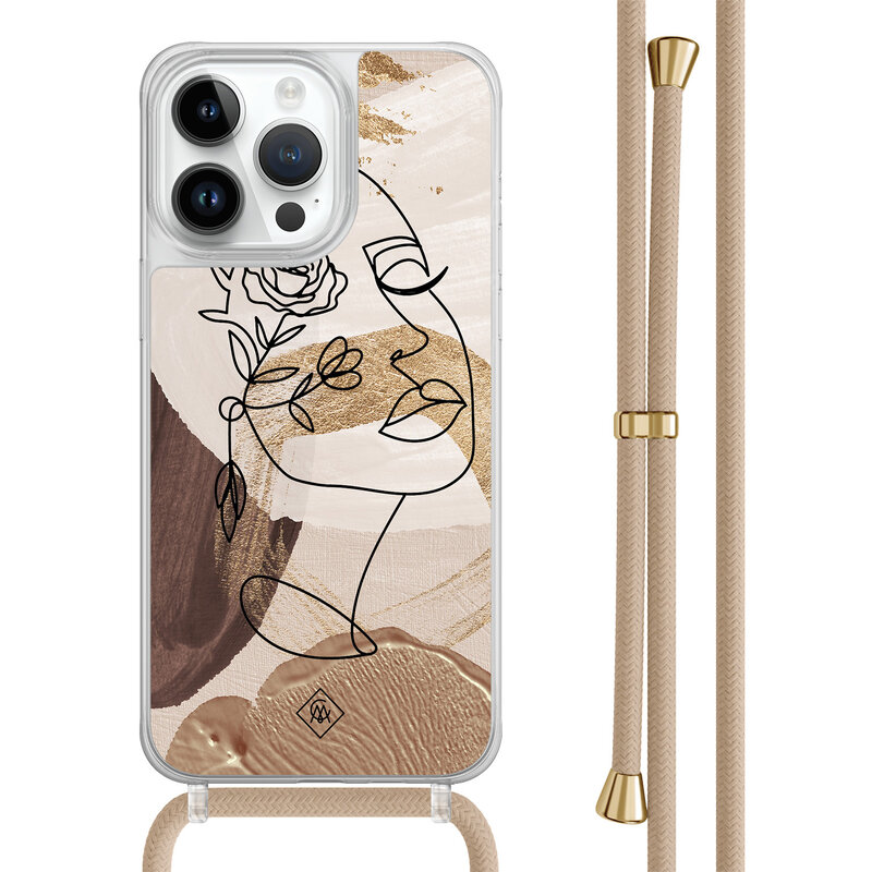 Casimoda iPhone 14 Pro Max hoesje met beige koord - Abstract gezicht bruin