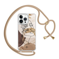 Casimoda iPhone 14 Pro Max hoesje met beige koord - Abstract gezicht bruin
