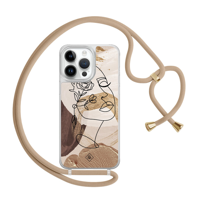 Casimoda iPhone 14 Pro Max hoesje met beige koord - Abstract gezicht bruin