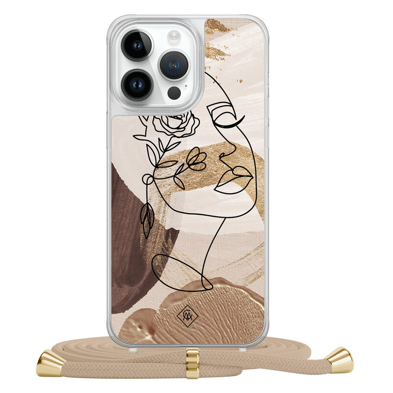 Casimoda iPhone 14 Pro Max hoesje met beige koord - Abstract gezicht bruin