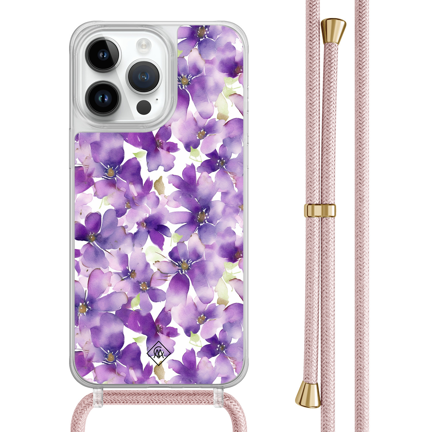 iPhone 14 Pro Max hoesje met rosegoud koord Floral violet