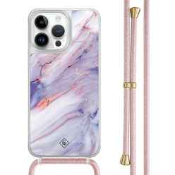 Casimoda iPhone 14 Pro Max hoesje met rosegoud koord - Marmer paars