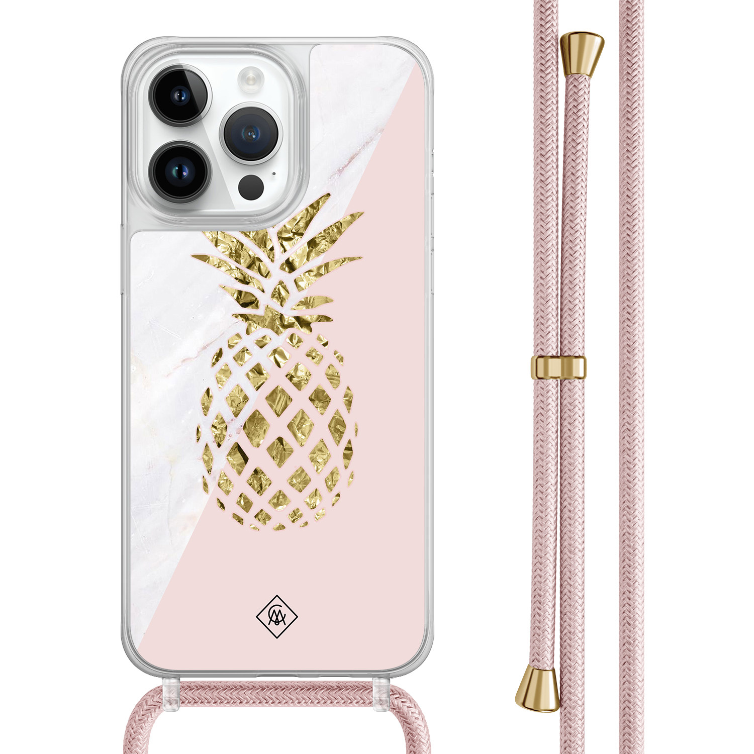 iPhone 14 Pro Max hoesje met rosegoud koord - Ananas