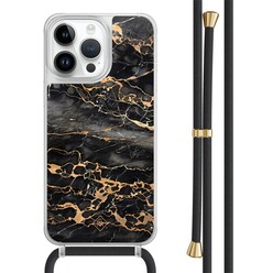 Casimoda iPhone 13 Pro Max hoesje met zwart koord - Marmer grijs brons