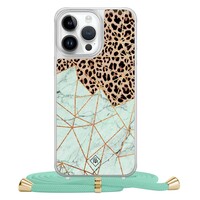 Casimoda iPhone 13 Pro Max hoesje met mint koord - Luipaard marmer mint