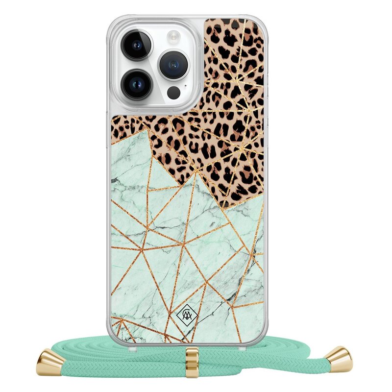 Casimoda iPhone 13 Pro Max hoesje met mint koord - Luipaard marmer mint