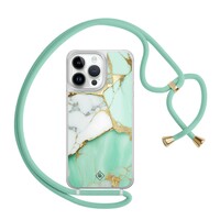 Casimoda iPhone 13 Pro Max hoesje met mint koord - Marmer mintgroen