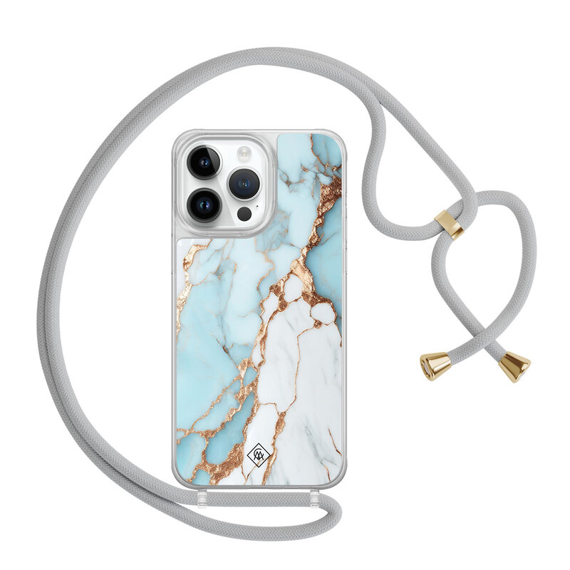 Casimoda iPhone 13 Pro Max hoesje met grijs koord - Marmer lichtblauw
