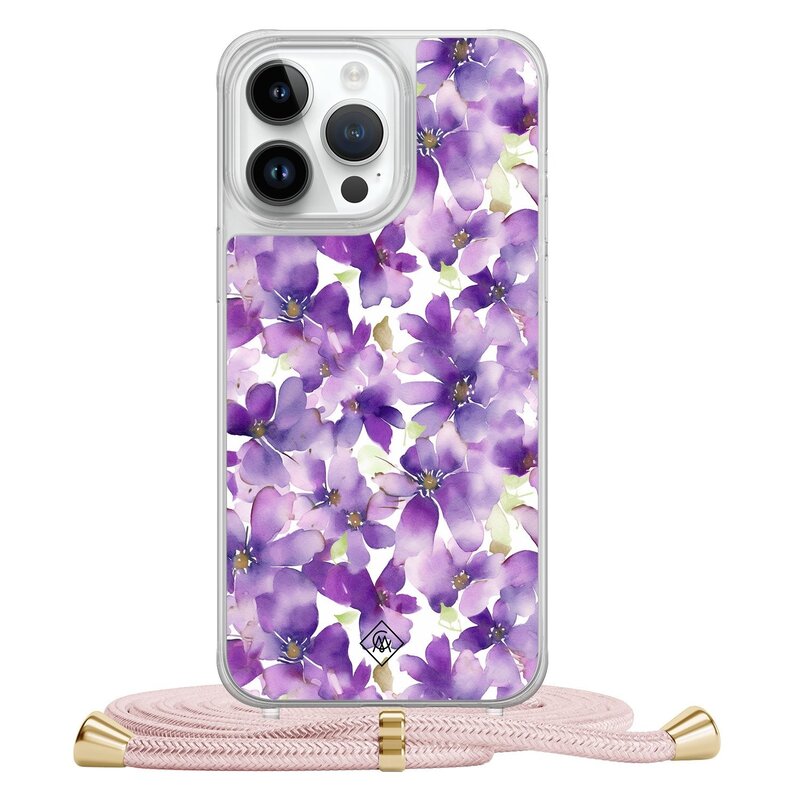 Casimoda iPhone 13 Pro Max hoesje met rosegoud koord - Floral violet