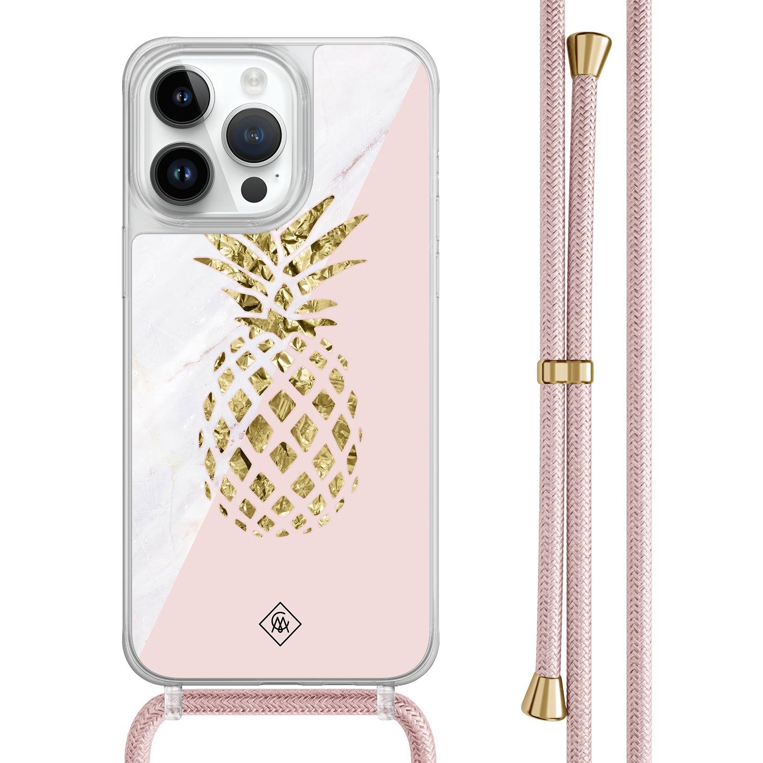 iPhone 13 Pro Max hoesje met rosegoud koord - Ananas