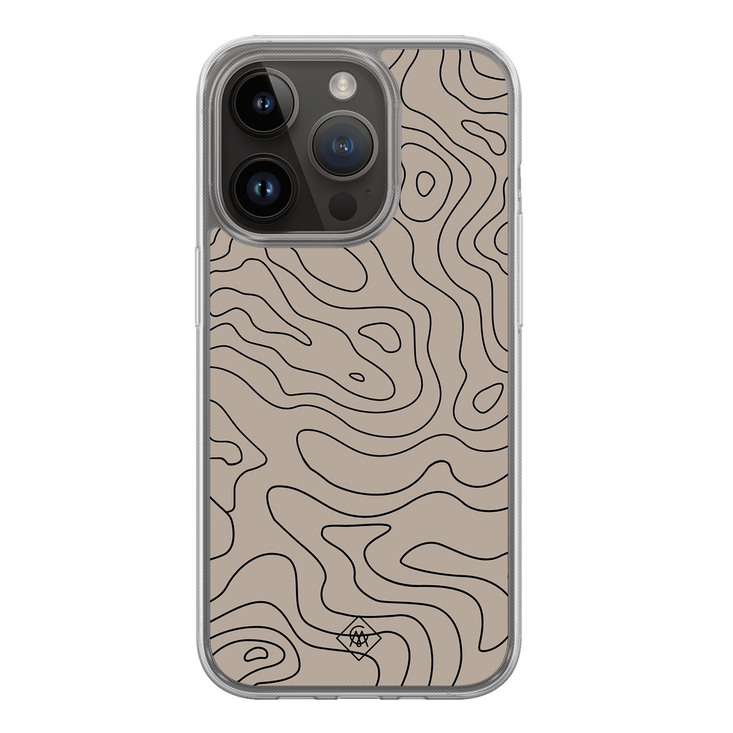 iPhone 13 Pro hoesje siliconen - Abstract lines - Casimoda® 2-in-1 case hybride - Schokbestendig - Geometrisch patroon - Verhoogde randen - Bruin/beige, Transparant