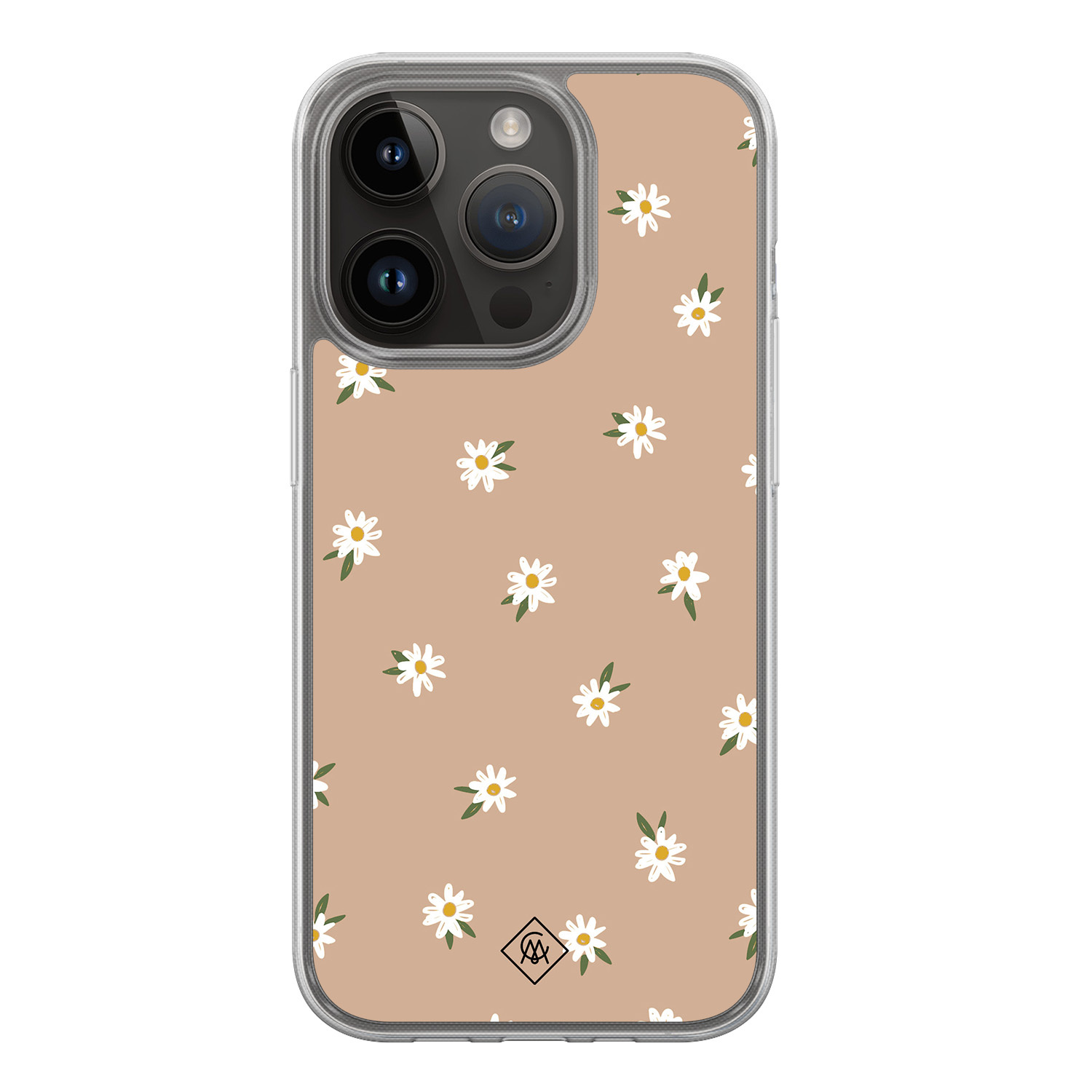 iPhone 13 Pro hoesje siliconen - Sweet daisies - Casimoda® 2-in-1 case hybride - Schokbestendig - Bloemen - Verhoogde randen - Bruin/beige, Transparant