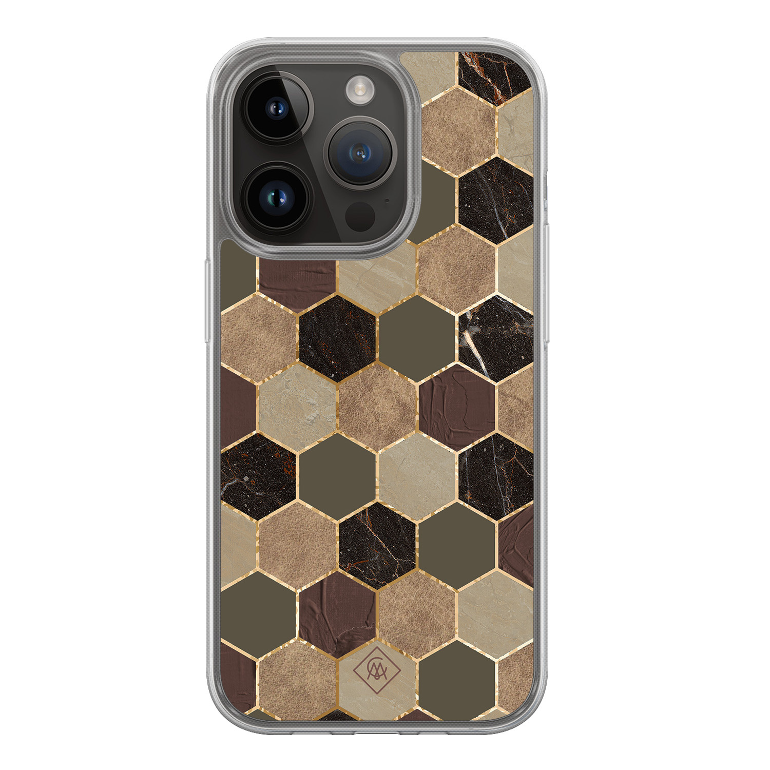 iPhone 13 Pro hoesje siliconen - Kubus groen bruin - Casimoda® 2-in-1 case hybride - Schokbestendig - Geometrisch patroon - Verhoogde randen - Bruin/beige, Transparant