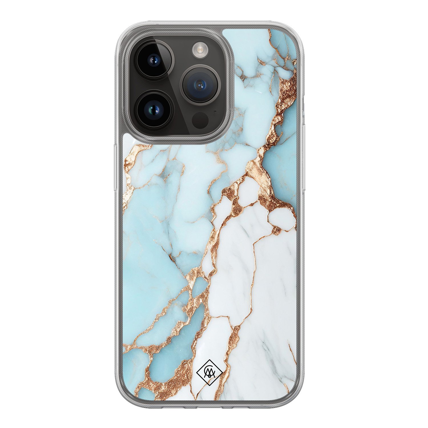 iPhone 13 Pro hoesje siliconen - Marmer lichtblauw - Casimoda® 2-in-1 case hybride - Schokbestendig - Marble design - Verhoogde randen - Blauw, Transparant