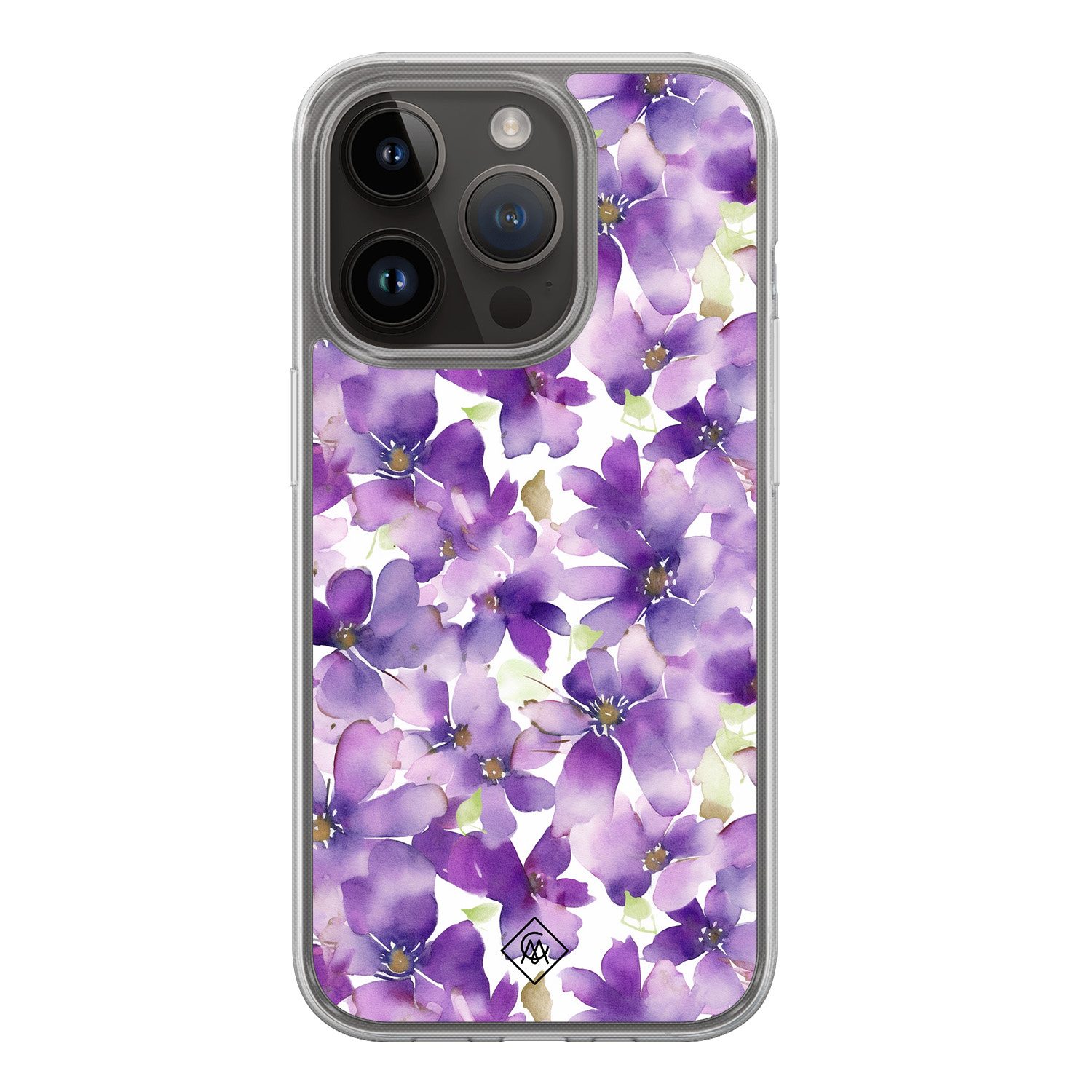 iPhone 13 Pro hoesje siliconen - Floral violet - Casimoda® 2-in-1 case hybride - Schokbestendig - Bloemen - Verhoogde randen - Paars, Transparant