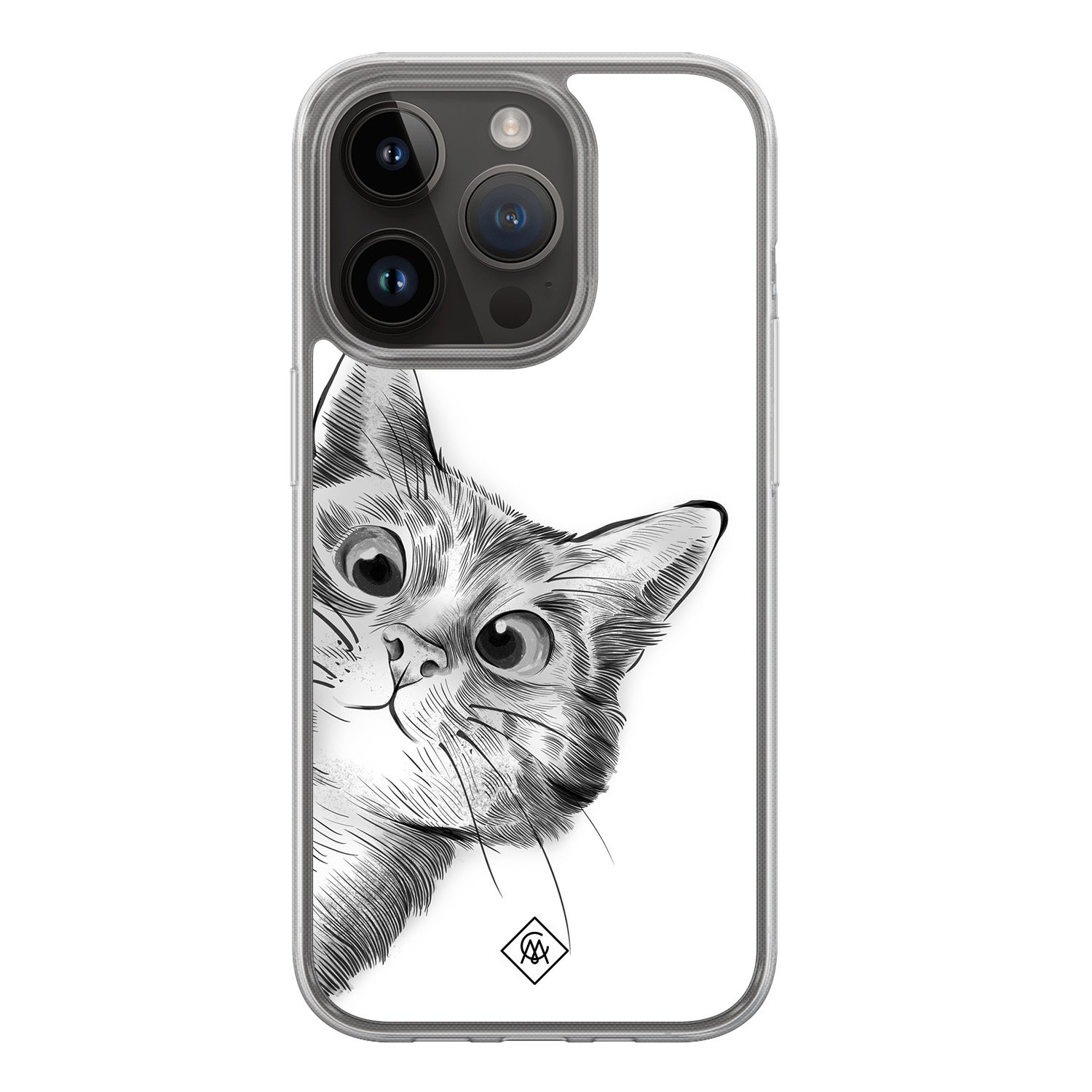iPhone 13 Pro hoesje siliconen - Kat kiekeboe - Casimoda® 2-in-1 case hybride - Schokbestendig - Illustratie - Verhoogde randen - Wit, Transparant