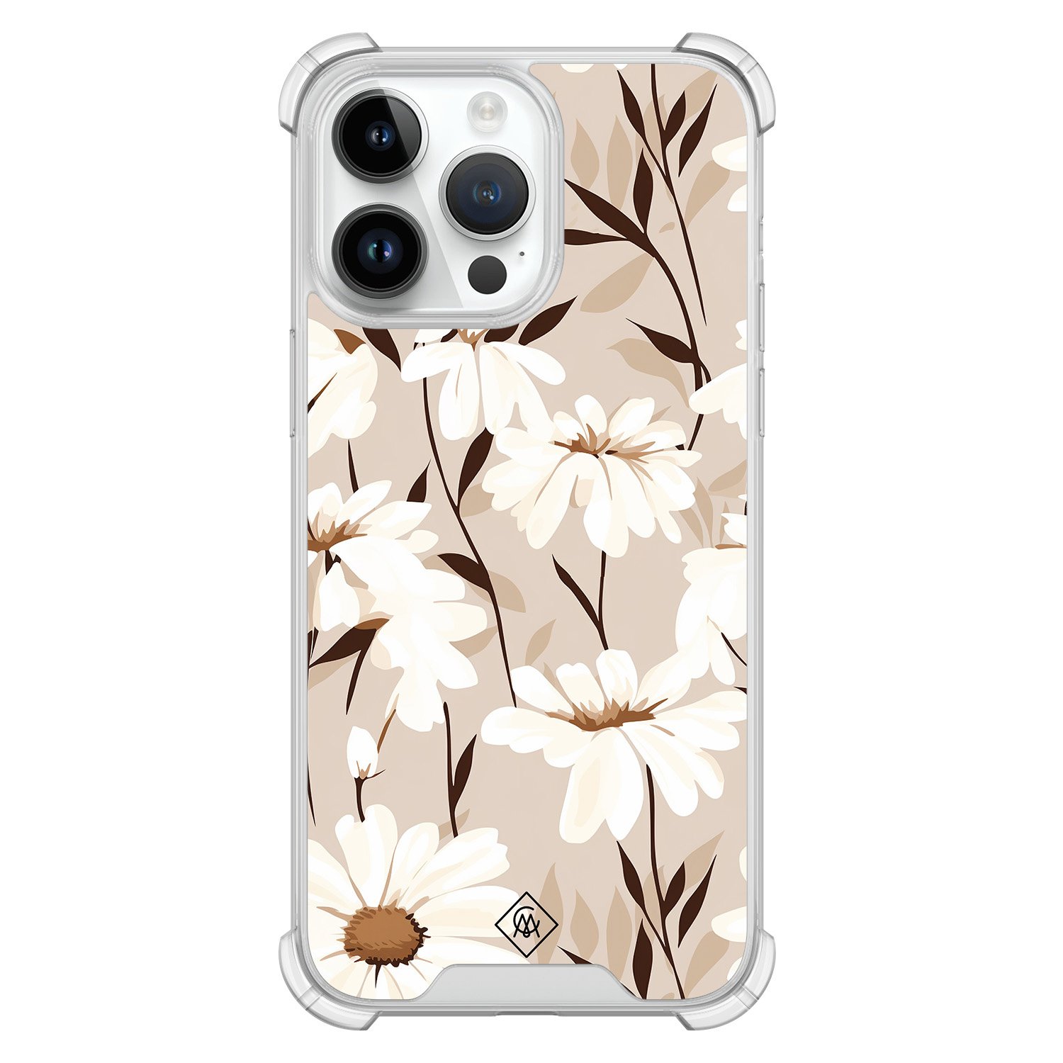 iPhone 14 Pro Max hoesje - In bloom - Casimoda® Shockproof case - Extra sterk - TPU/polycarbonaat - Bruin/beige, Transparant