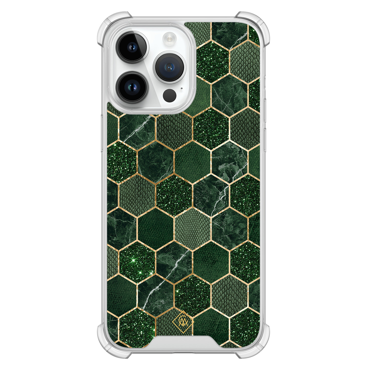 iPhone 14 Pro Max hoesje - Kubus groen - Casimoda® Shockproof case - Extra sterk - TPU/polycarbonaat - Groen, Transparant