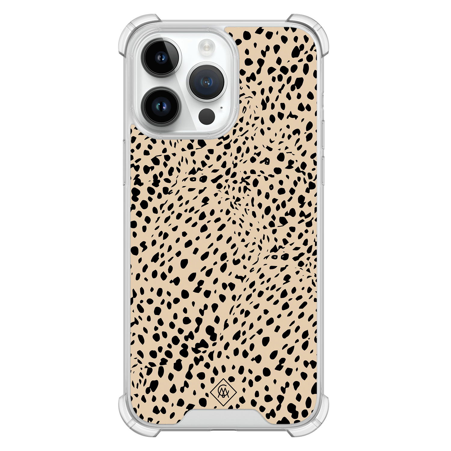 iPhone 14 Pro Max hoesje - Stippen bruin abstract - Casimoda® Shockproof case - Extra sterk - TPU/polycarbonaat - Bruin/beige, Transparant