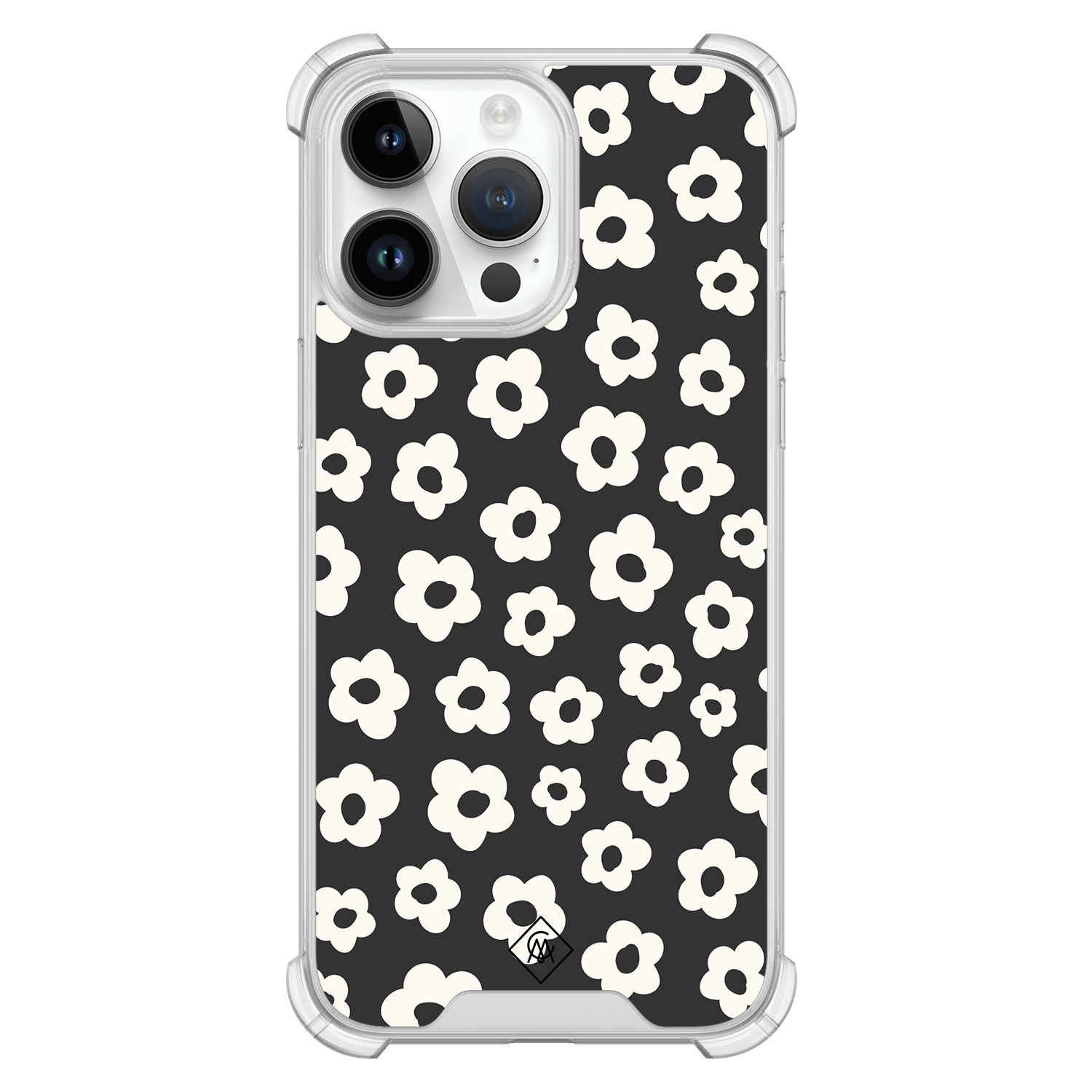 iPhone 14 Pro Max hoesje - Retro bloempjes - Casimoda® Shockproof case - Extra sterk - TPU/polycarbonaat - Zwart, Transparant