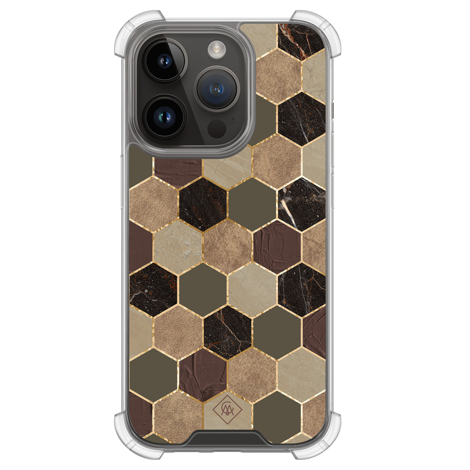 iPhone 13 Pro hoesje - Kubus groen bruin - Casimoda® Shockproof case - Extra sterk - TPU/polycarbonaat - Bruin/beige, Transparant