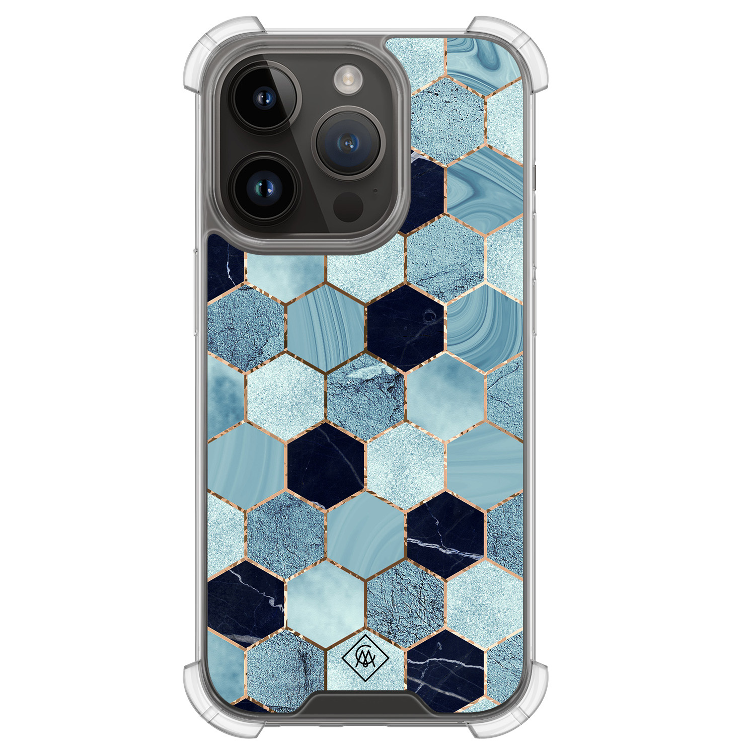 iPhone 13 Pro hoesje - Blue cubes - Casimoda® Shockproof case - Extra sterk - TPU/polycarbonaat - Blauw, Transparant