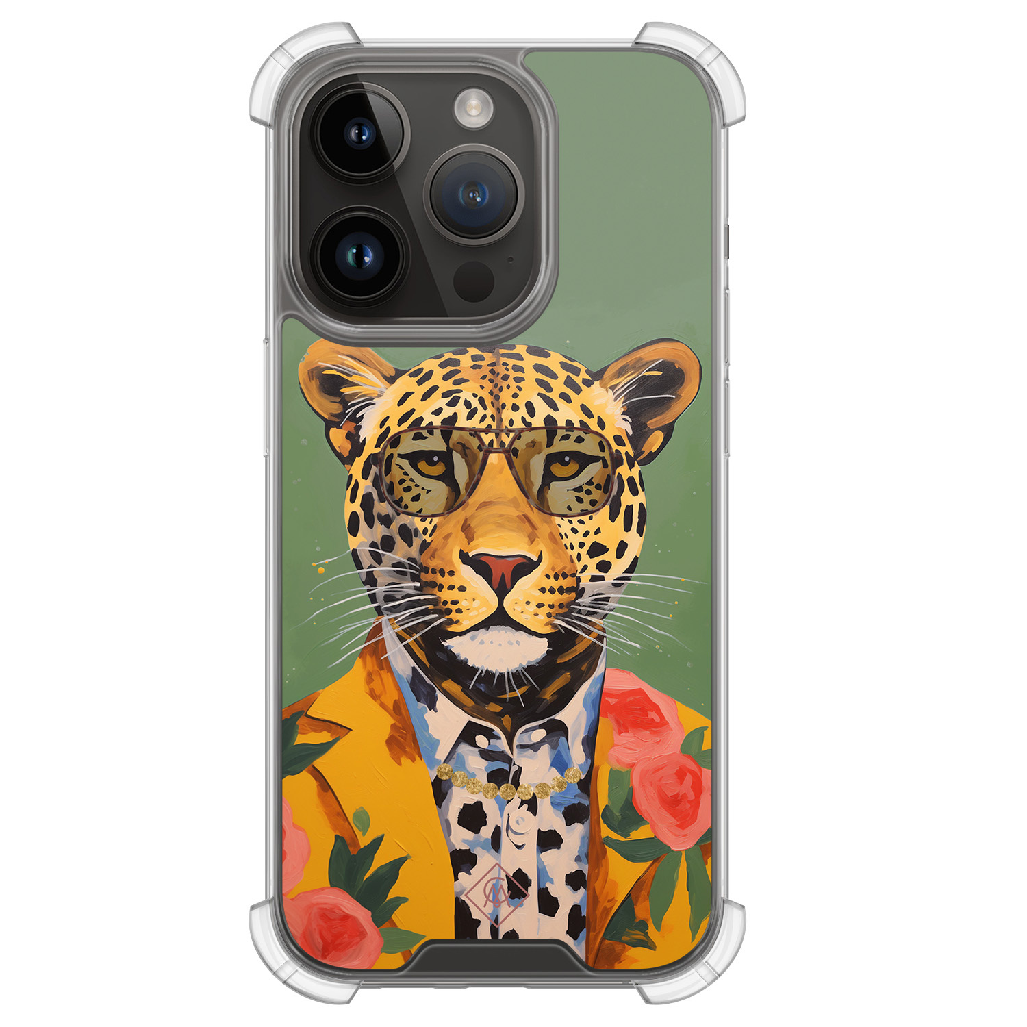 iPhone 13 Pro hoesje - Luipaard hipster - Casimoda® Shockproof case - Extra sterk - TPU/polycarbonaat - Groen, Transparant