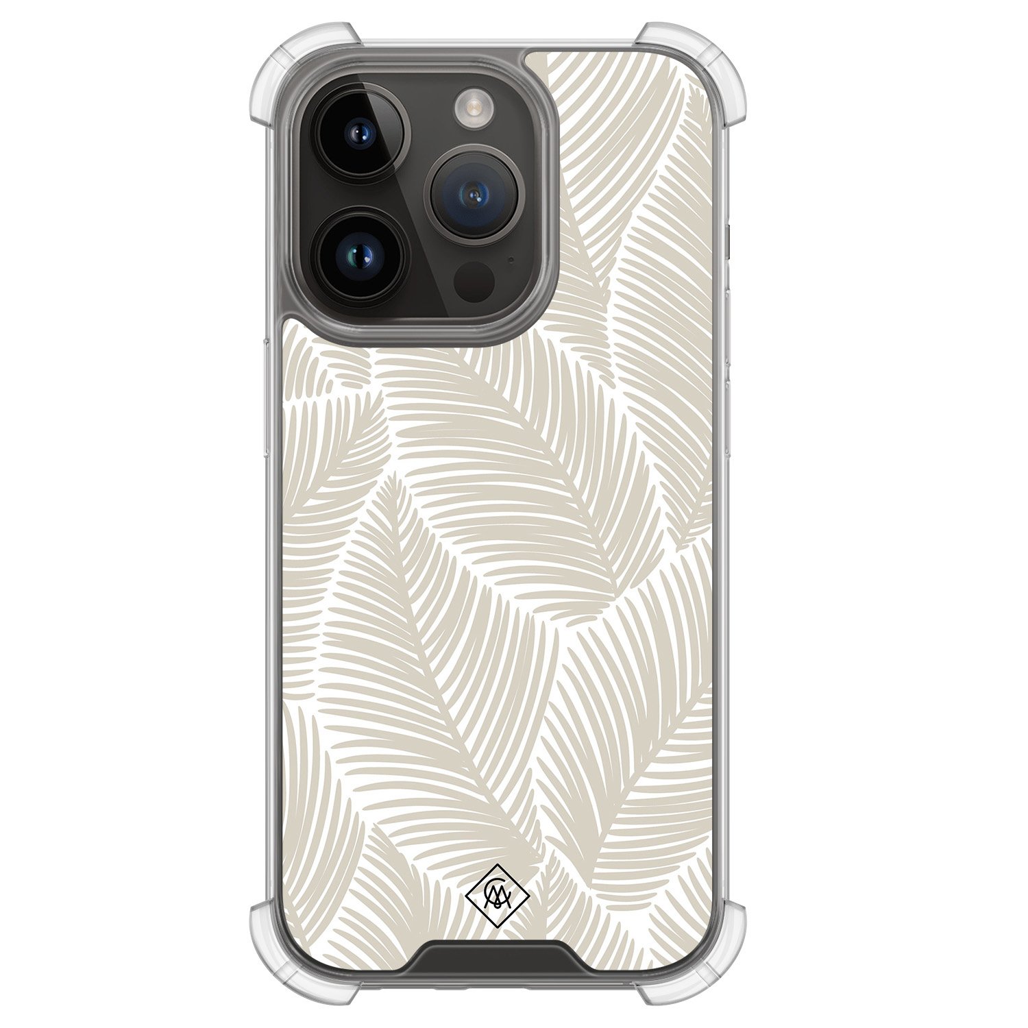 iPhone 13 Pro hoesje - Palmy leaves beige - Casimoda® Shockproof case - Extra sterk - TPU/polycarbonaat - Bruin/beige, Transparant